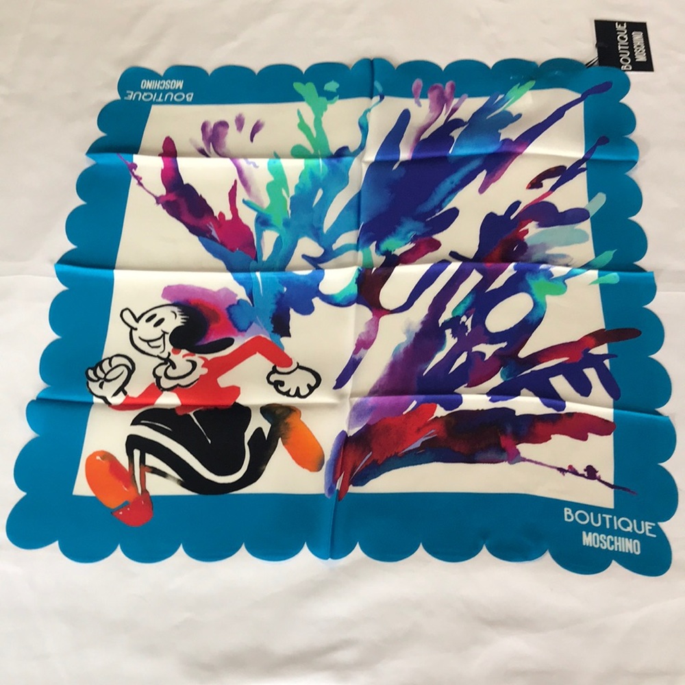 Moschino Boutique Silk Scarf Made in Italy Watercolor Olive Oyl NWT